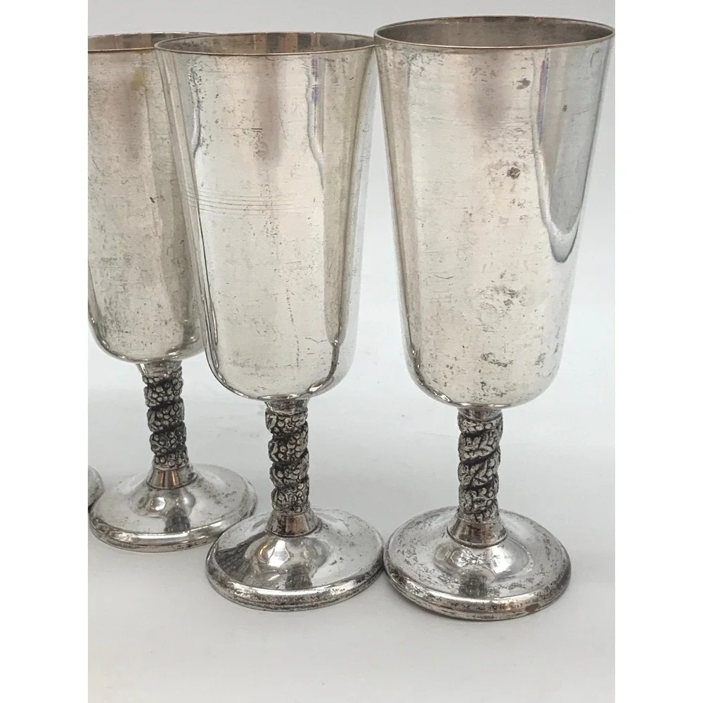 Vintage Tutem Spain Silver Plated Champagne Flutes Set of 6 Grapevine Stem